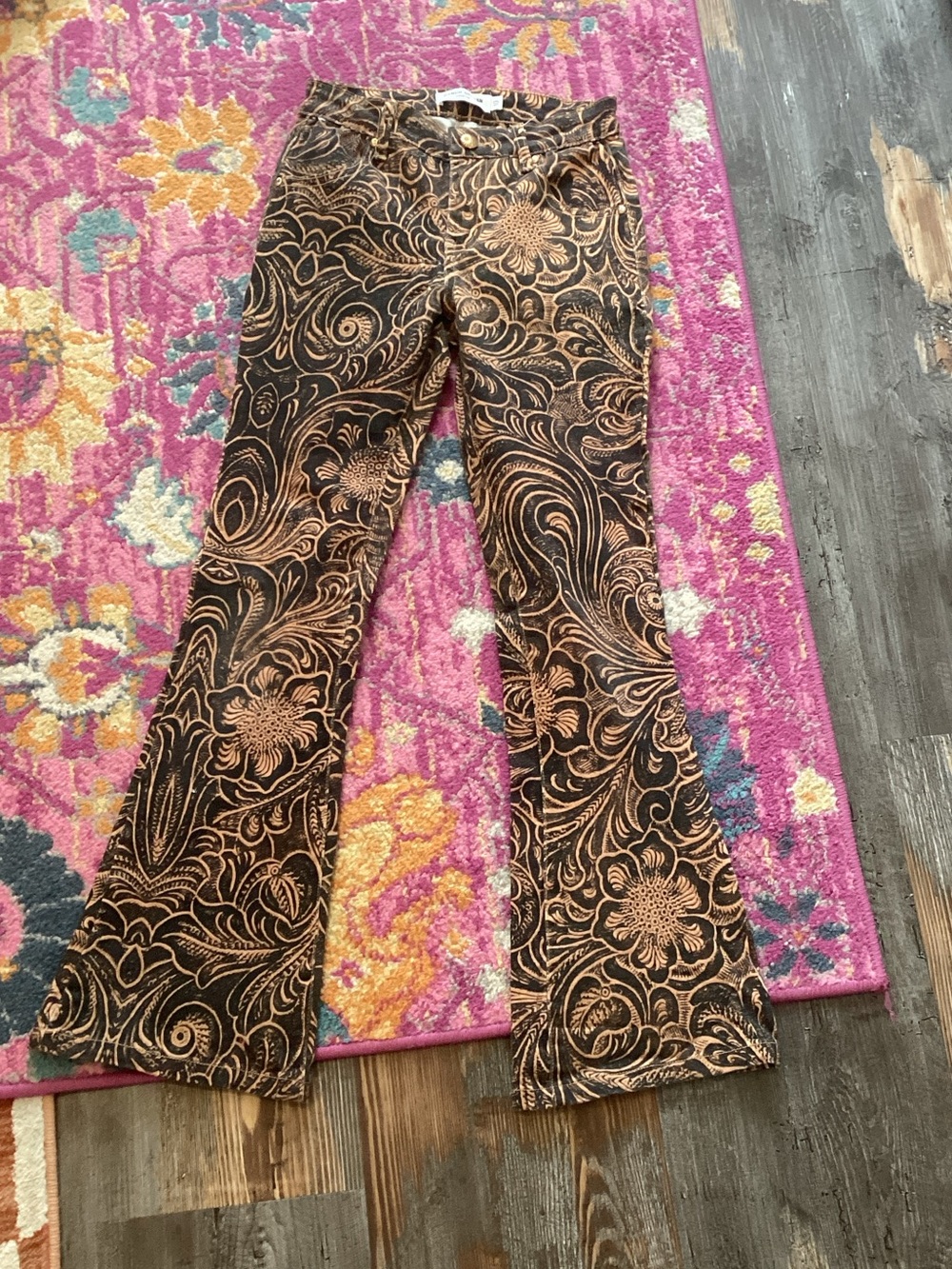 Floral-Print Black & Brown Flare Jeans